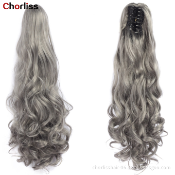 Wholesale Grey Curl Natural Wave Claw-Clip Drawstring Ponytail Extension Hairpiece Synthetic Hair Ponytails For Women Girl